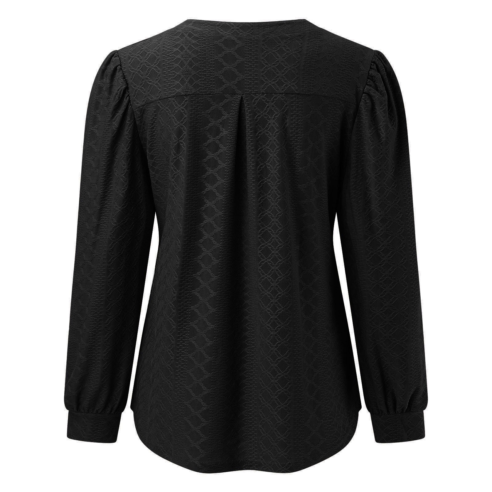 thumbnail image 4 of Top de manga larga con cuello en V y tejido jacquard para mujer - Camiseta holgada de color liso, 4 of 6